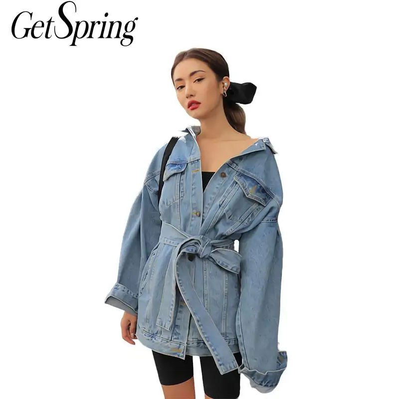 GETSPRING Женское пальто женское джинсовое куртки Бандажное длинное джинсы с длинным
