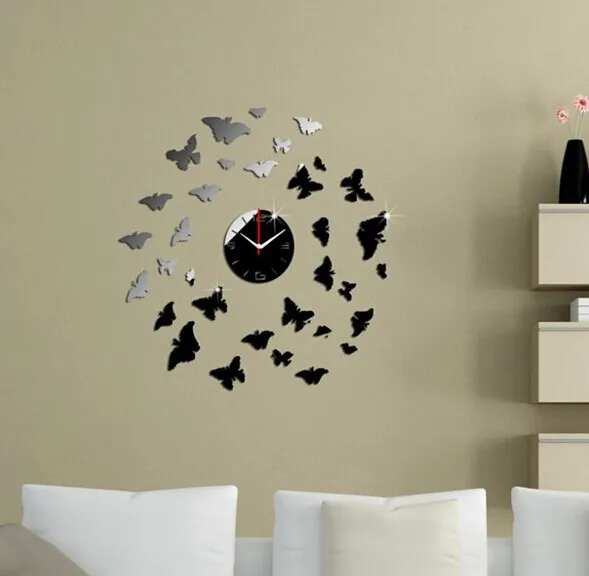 

3pcs butterfly round wall mirror clock sticker , DIY prefered mirror sticker , 3D mirror wall clock sticker deco