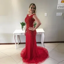 Meerjungfrau abendkleider mit Steine Luxus Scoop Perlen mit Kristall Red Tüll Backless Reizvolles Abschlussballkleid abendkleid galajurk 2017