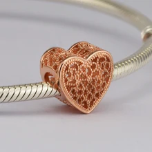 Подходит для браслетов Pandora сердце с романтическими шармами с розовым золотом цвет Серебро 925 пробы-ювелирные изделия бусины