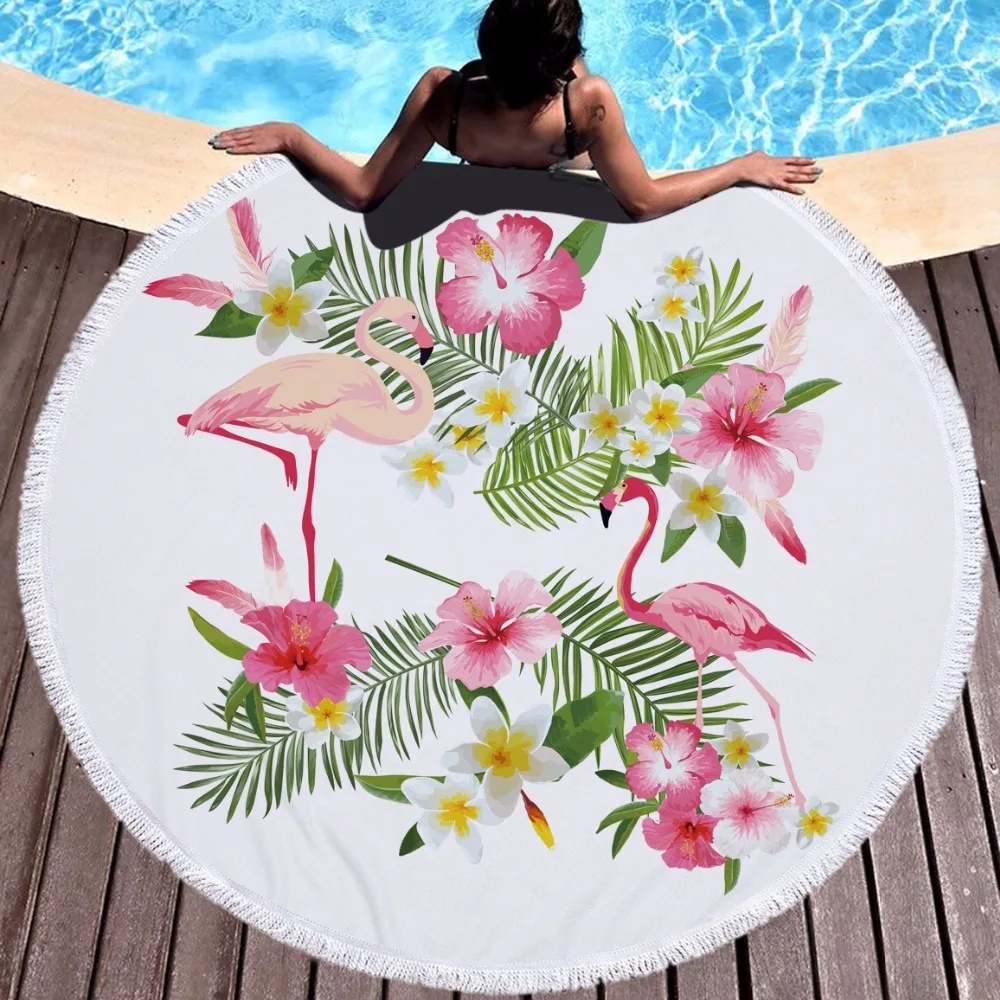 

Summer Flamingo Leaf Flower Printed Circle Round Towel Oversized Large Microfiber Thick Terry Beach Blanket Serviette De Bain