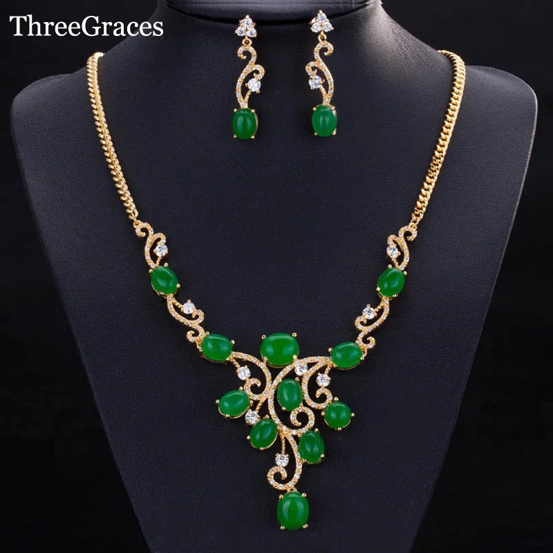 

ThreeGraces Luxury Gold Color Natural Green Women Necklace And Earrings Big Wedding Jewelry Sets With Zirconia Stone JS140