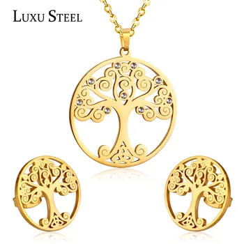 

LUXUSTEEL pendientes mujer Tree Pendant Necklace Earrings Brinco Party Stainless Steel Christmas Jewelry Sets Bijoux Friend Gift
