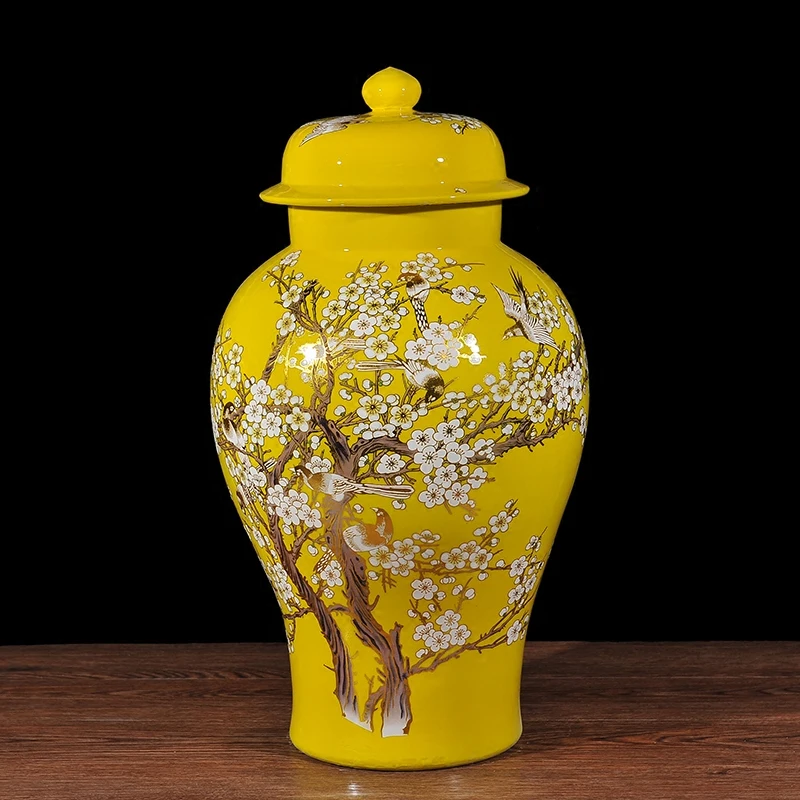 

China temple jar bird and flower large ceramic jars lid plum blossom painting ginger jar vase to restaurant and home decoration
