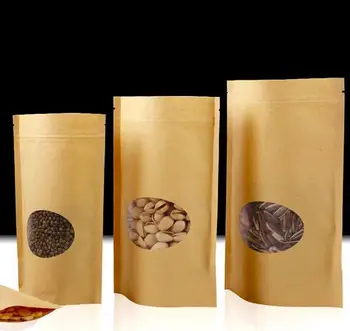 

Free Shipping Kraft Paper Zipper Bag Round Window Stand up Dried Food Snack Tea packaging Pouch Sealed Gift Bags 100pcs