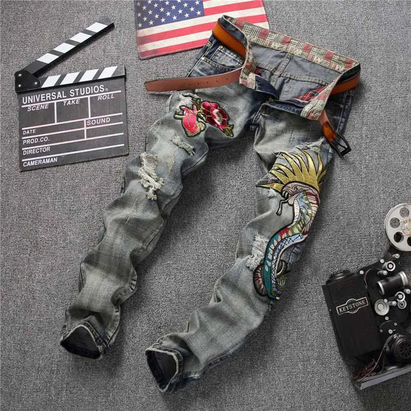 Mcikkny Retro Men's Fashion Ripped Jeans Pants Cobra Embroidered Denim Trousers Male Streetwear Pleated Jeans Pants Straight
