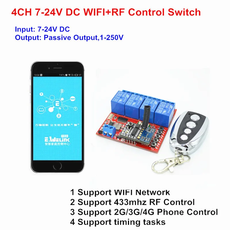 

7V 9V 12V 24V DC 4CH Remote Control Light Switch WIFI Network Relay Timer interruptor, RF 433mhz Wireless Switches by phone APP