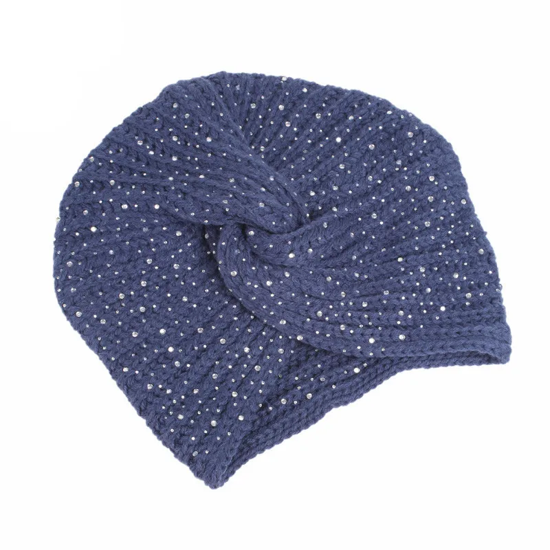 Muslim Full Star Drill Winter Hat Warm Cross Knit Cap Beanie Sleep Chemo Turban Headwear Cancer Patients - Цвет: Navy Blue