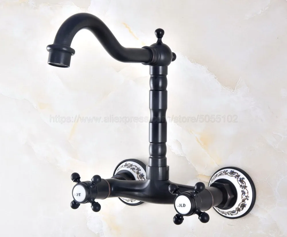 Wall Mounted Double Handle Oil Rubbed Bronze Swivel Spout Bathroom Basin Sink Mixer Tap Faucet znf460
