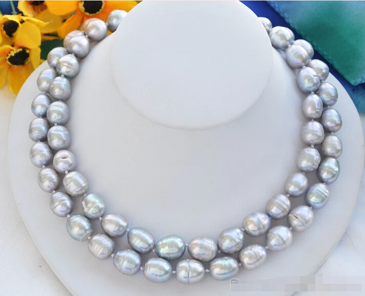 

FREE SHIPPING * z5795 beautiful 2row 13mm gray rice barqoue pearl freshwater pearl necklace