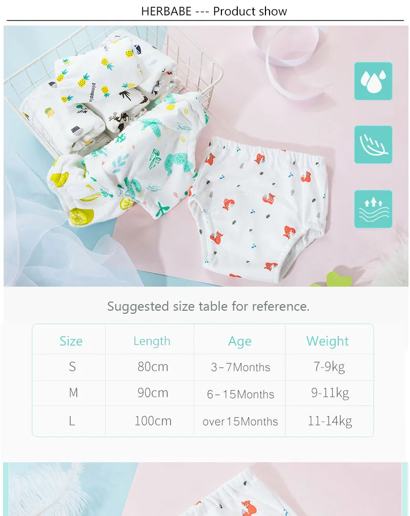 Herbabe ребенка ткань Подгузники из 100% хлопка с принтом впитывающая детская пеленка брюки новорожденного моющиеся подгузники для мальчиков