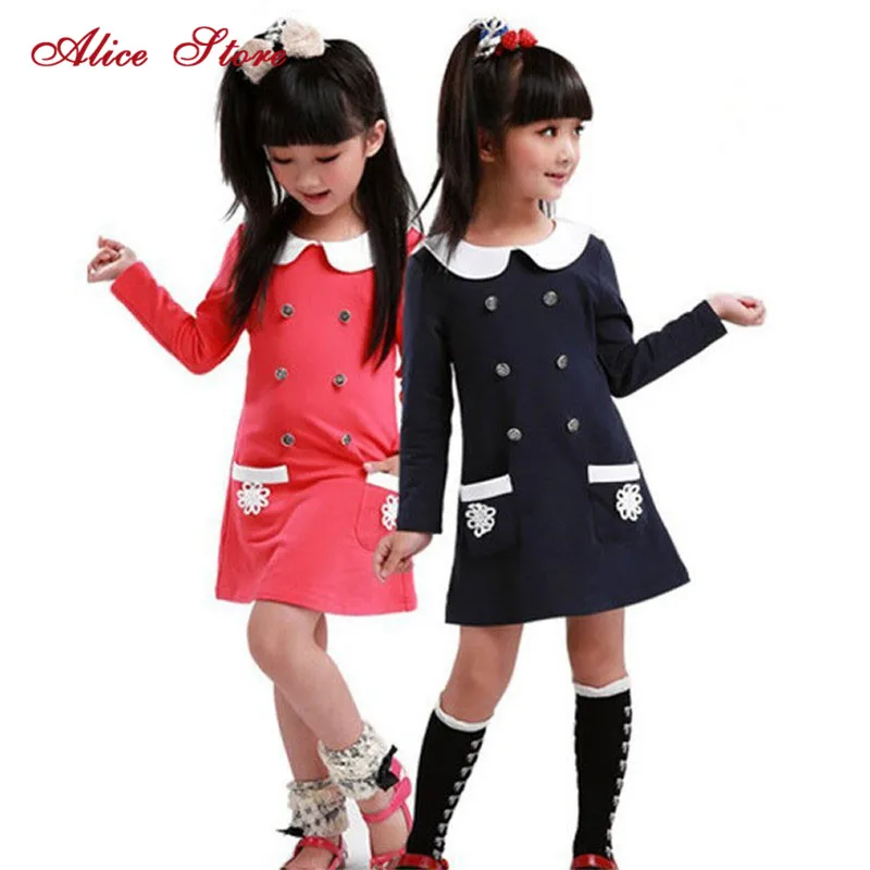 

Girls dress College spring girls dresses children long-sleeved dress lapel double-breasted pocket dress free shipping