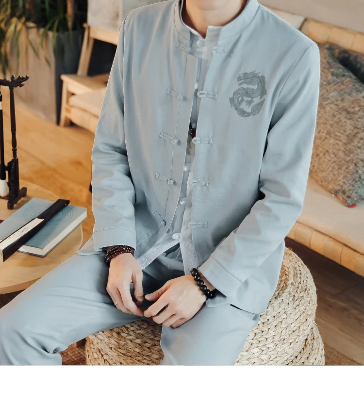 Китайский стиль вышивка Мужской комплект из двух частей Размер s M L XL XXL XXXL XXXXL однобортный длинный рукав мужская куртка и брюки