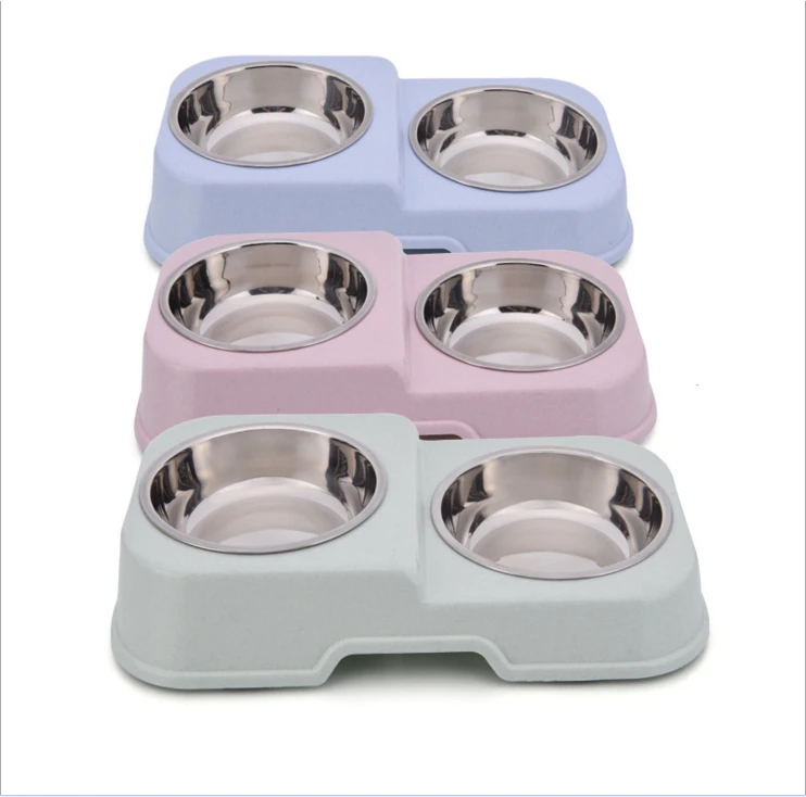

Pet Dog Dual Bowl Puppy Cat Bowl Water Food Storage Feeder Non-toxic PP Resin Stainless Steel Combo Rice Basin 3 Colors