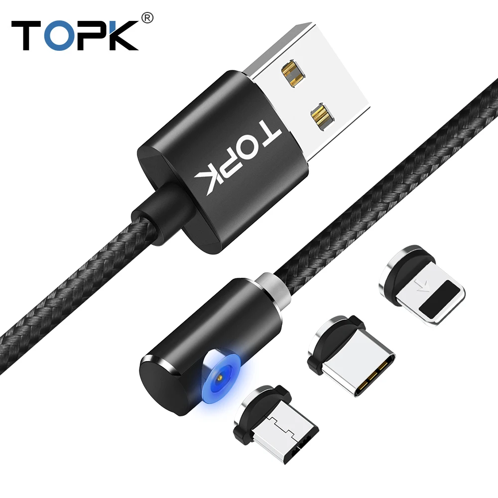 TOPK L-Line1 de 90 grados USB magnético Cable para iPhone Xs Max 8 7 6 5 imán Micro USB tipo C cable para Samsung Xiaomi Huawei