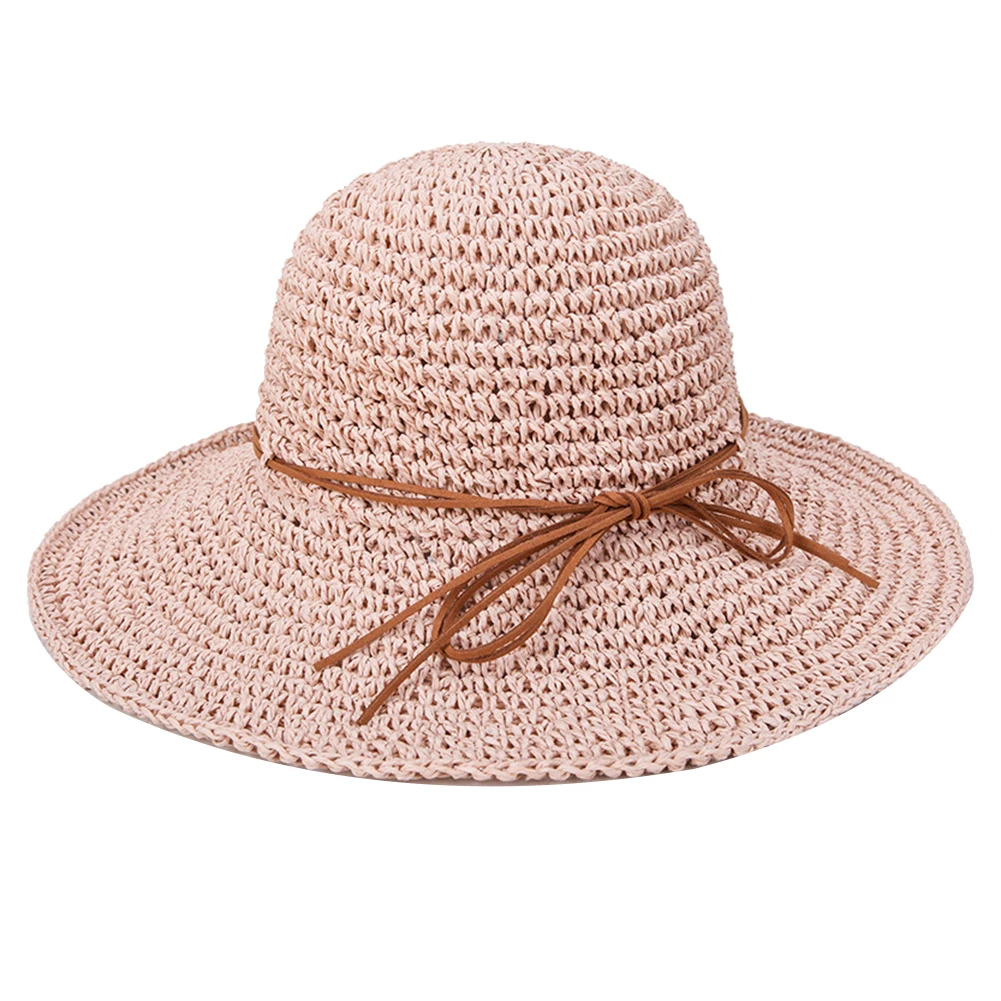 Fashion Summer Round Straw Rattan Sun Hat for Women Summer Beach Outdoor Bow Floppy Hat Folding Wide Brim Dome Sun Cap - Цвет: Розовый