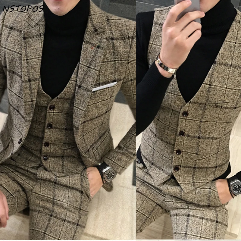 8526 46 De Réduction3 Pièce Costume De Tweed à Carreaux Pour Hommes Blazer 4xl 5xl Kaki Gris Bleu Noir Marié Mariage Robe Costume Homme Ternos