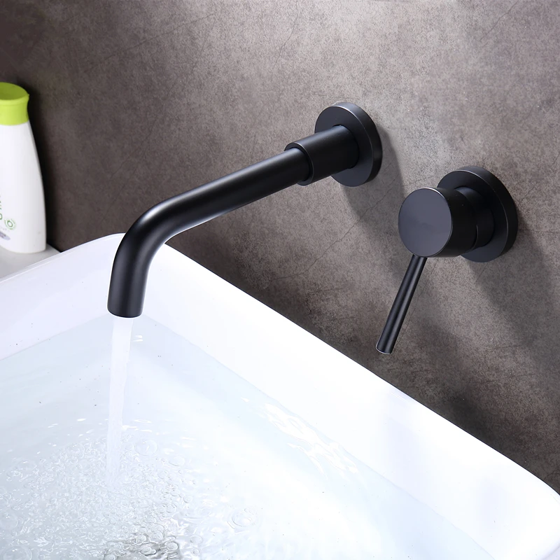 

All-copper simple and concealed wall cold and hot wall buried water bathroom counter basin washbasin black faucet