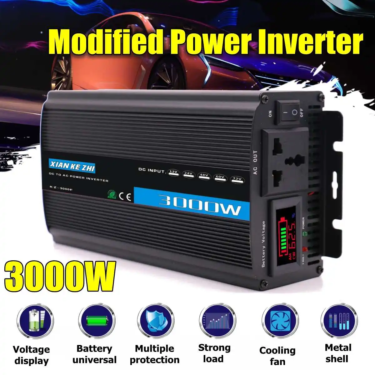 

Intelligent 3000W Modified Power Inverter 12/24/48/60/72V TO 220V LED Display Power Converter