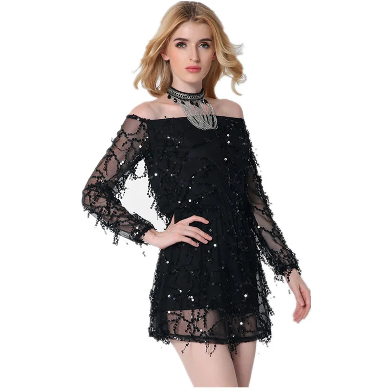 Sexy off shoulder sequin tassel summer dress beach party short dress