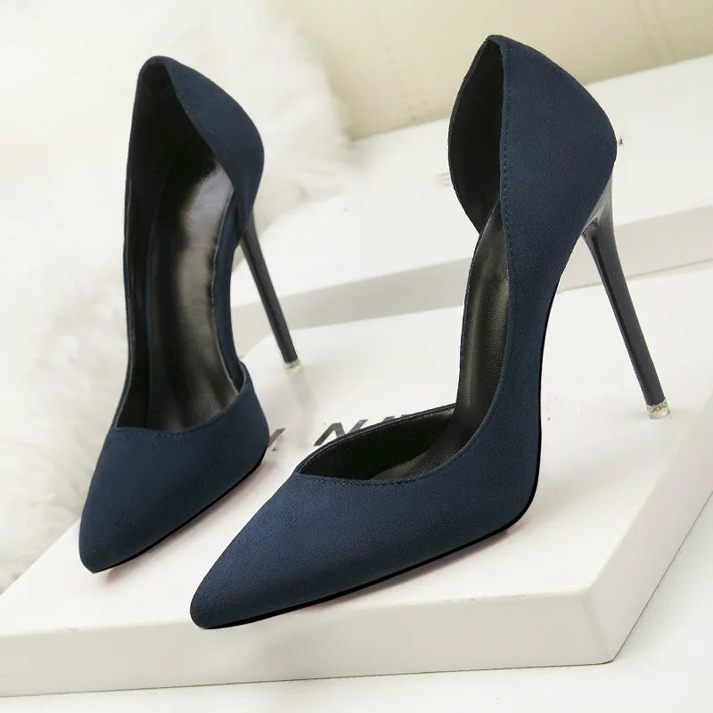 

Women Pumps Shoes Summer Fashion Flock Pointed Toe Slip-On 11cm Thin High Heels Shallow Solid Office Club Lady Sexy Female Shoes