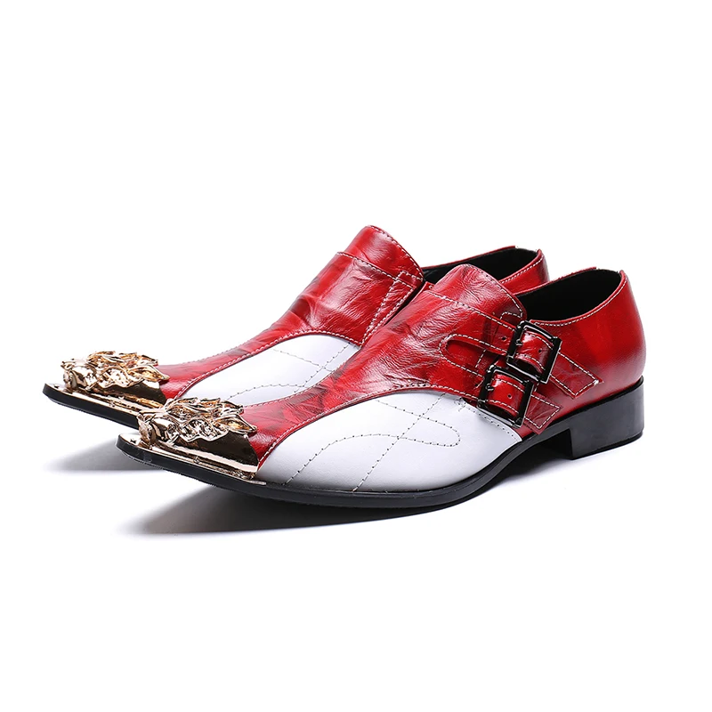 

Mens Fashion red white Double buckle Party Shoes Slip On Comfort Geniune Leather pointet-toe Formal Dress I toe oxford