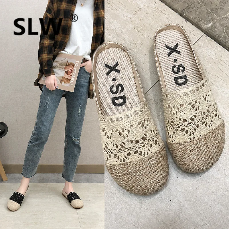 

platform wedge slipper loafer Low Slip-On Slides closed toe Wedges women fisherman shoes Flock Lace Flat heels creeper sandals