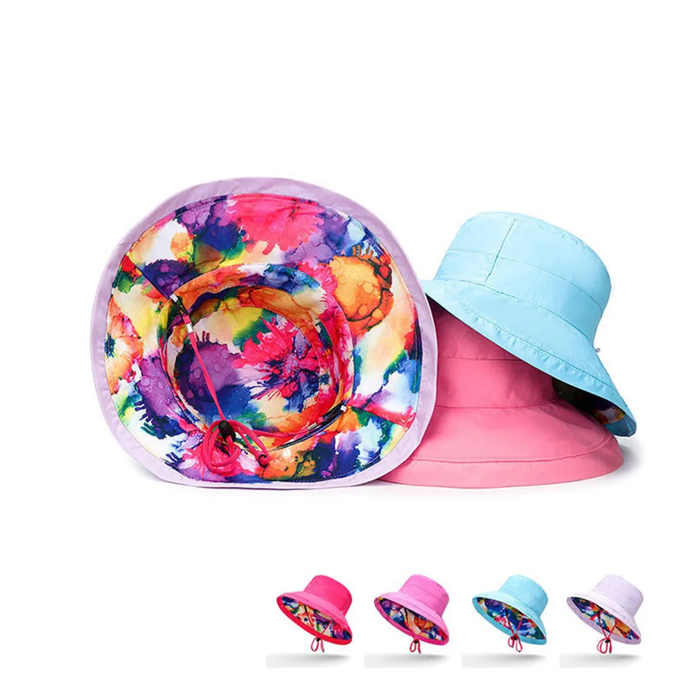 

Two Sides Sun Hats Women Foldable Bucket with Wind Rope Fashion Casual Beach Cap for Lady Flower Flat Top Travel Hat