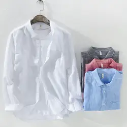 Camisa masculina 2019 Для мужчин сплошной цвет дышащий Лен рубашки с длинным рукавом Кардиган с отложным воротником рубашки chemise homme