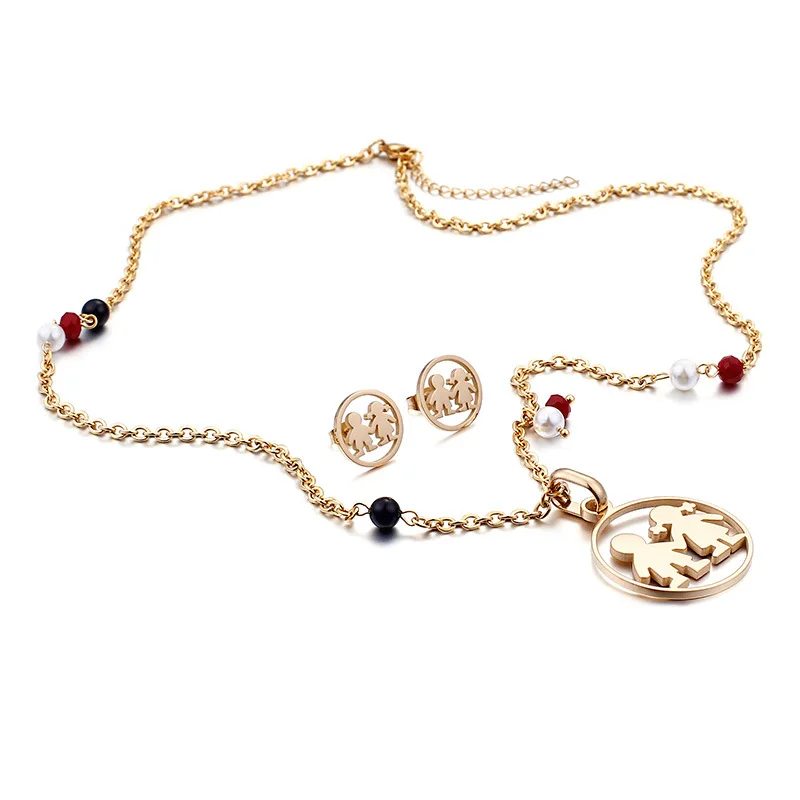 

2018 New Cartoon Boy and Girl Pendant Necklace Stainless Steel Statement Family Necklace Earring Jewelry Set Mama Gift
