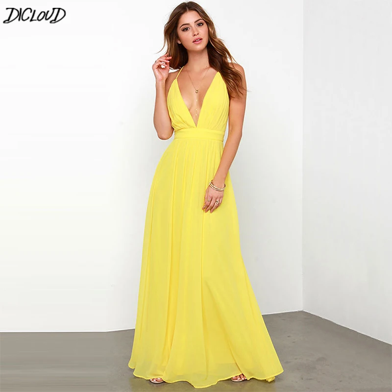

DICLOUD 2019 Sexy Summer Dresses Women Vintage Bohemian Beach Strap Long Dress Ladies Casual V-Neck Dresses Woman Yellow Clothes