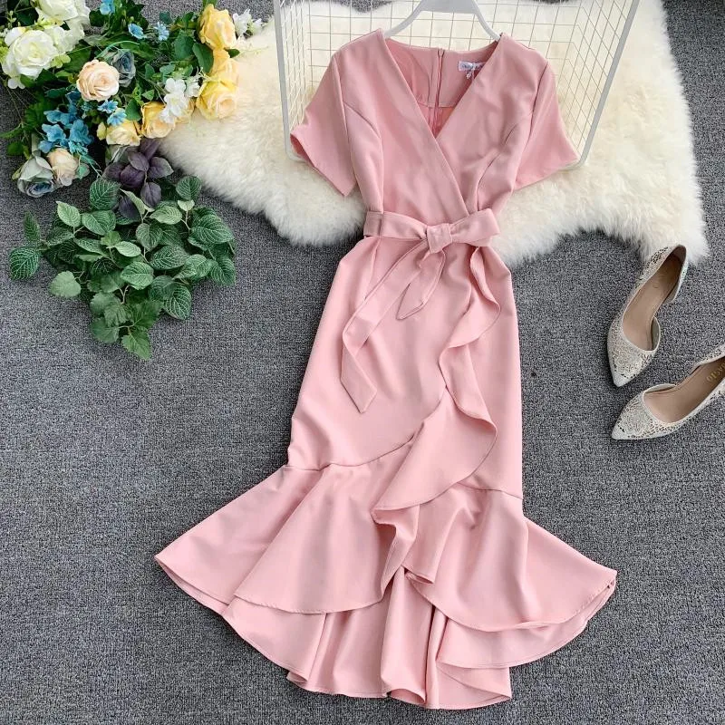 

2019 Summer Ladies Ruffled Short-sleeved Wrap Dress V-neck High Waist Solid Graceful Women clothes Sashes Vestidos ZY4449