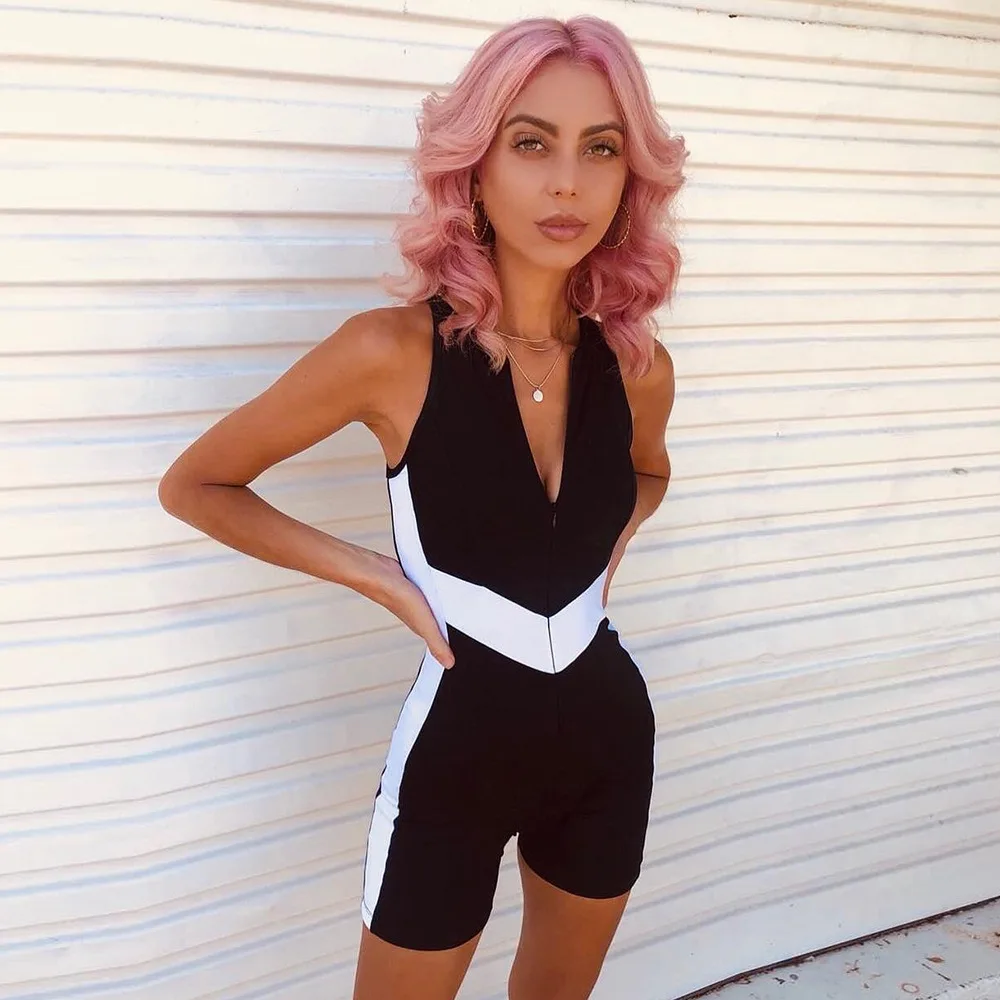 

ESHINES 2019 Slim Fit Jumpsuit Sexy Deep V Zip Chain Jumpsuit Colorblock Yoga Pants