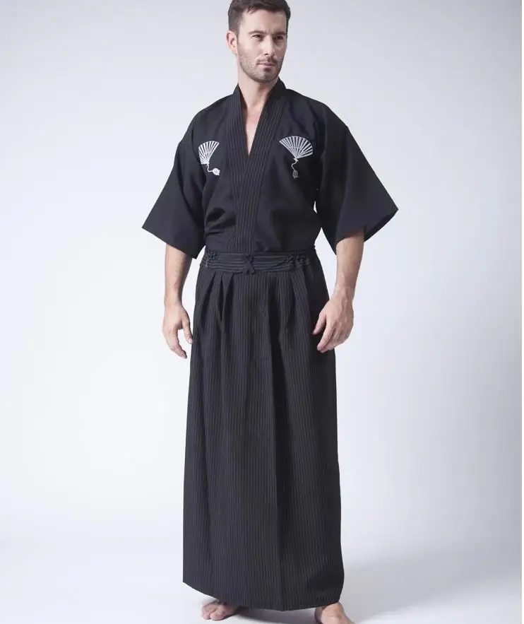 Черное традиционное кимоно Haori, мужской халат из юкаты, японская одежда самураев, мужской халат для косплея аниме, костюм на Хэллоуин - Цвет: Черный