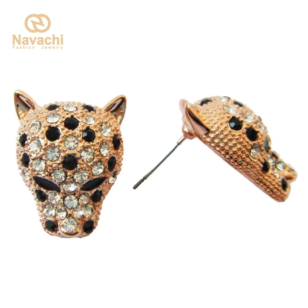 

Navachi Yellow GP Cheetah Leopard Head Crystal Earrings Earring Ear Stud SMT1146