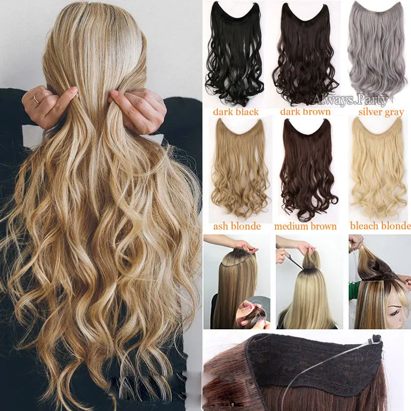 

S-noilite Long Synthetic Hair Heat Resistant Hairpiece Fish Line Wavy Hair Extensions Secret Invisible Hairpieces Brown