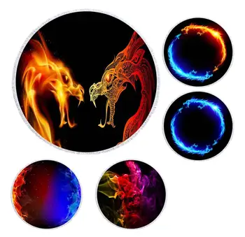 

Free shipping Novelty Gift Cool Fire Flame Dragon Print Fringed Tassel Large Round Bath Swim beach towel Blanket 150cm