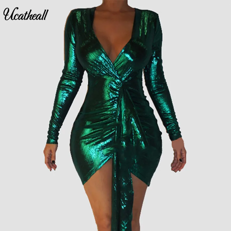 

Draped Belt Club Dress For Women Sexy Deep V Neck Shiny Metal Color Long Sleeve Party Dress Outfits Vestido Plush Size