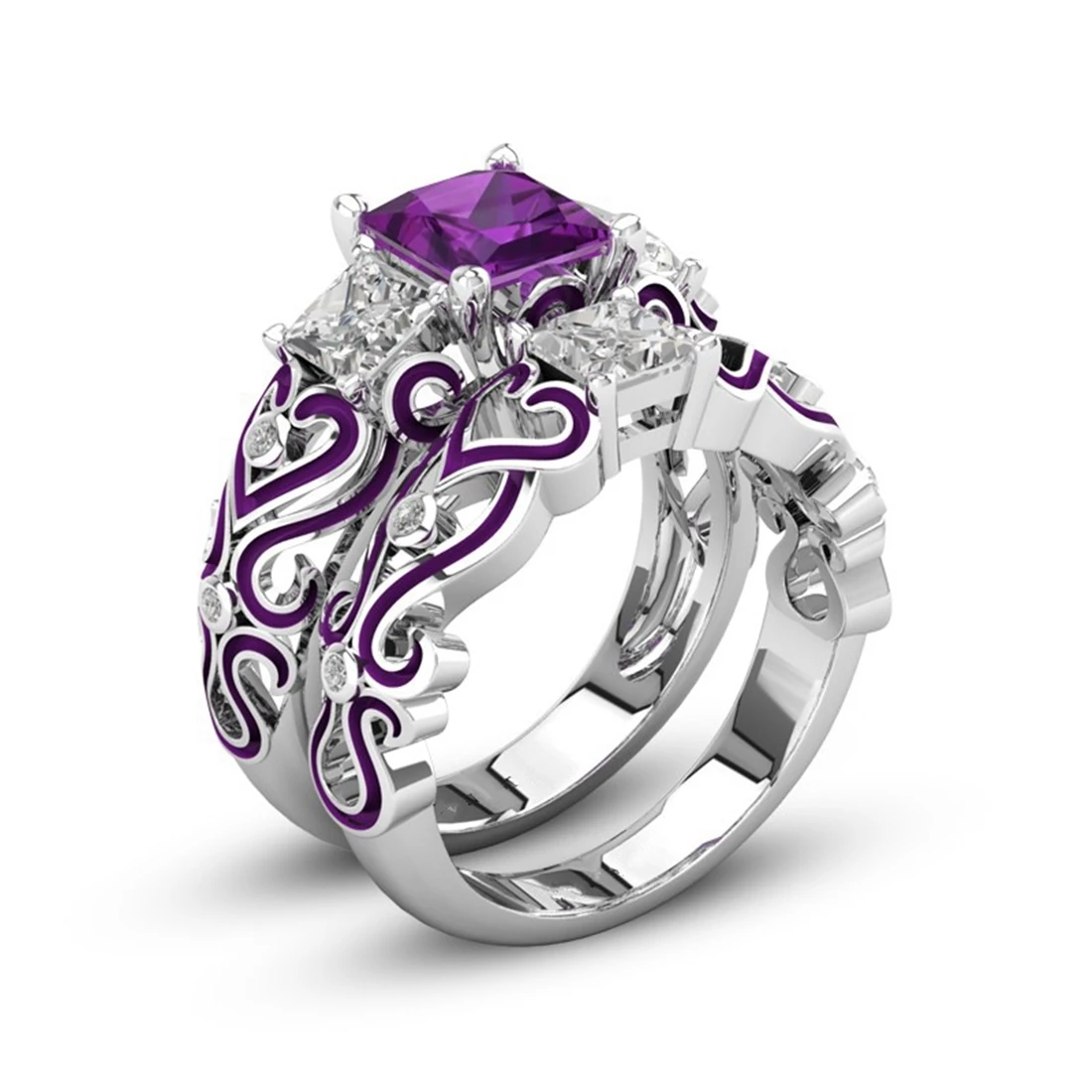 Purple CZ Zircon Stone Vintage Big Silver Ring Set for Women Wedding