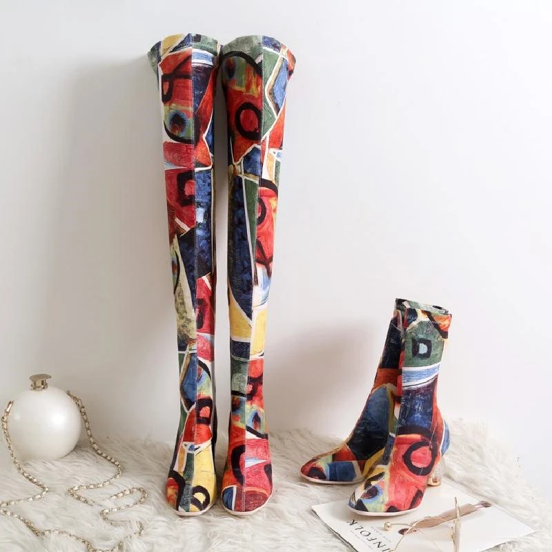 

Fashion Mixed Color Stretch Fabric Socks Women Ankle Boots New Printed Crystal Strange Style High Heels Pumps Gladaitor Boots 40