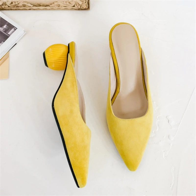 MSSTOR Kid Suede Women Mules Yellow Fashion Elegant Strange Style Rubber Women Summer Slippers Pointed Toe High Heels Slippers MSSTOR Kid Suede Women Mules Yellow Fashion Elegant Strange Style Rubber Women Summer Slippers Pointed Toe High Heels Slippers