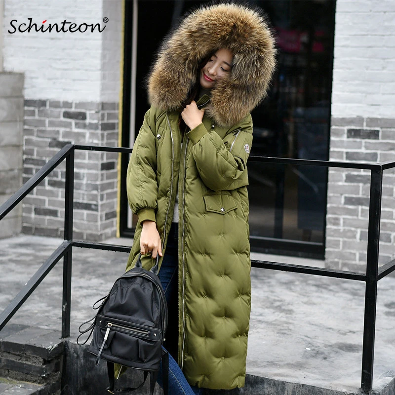 

Plu Size 2018 Women Thick Long Down Coat with big 100% Real Raccoon Fur Collar Hood Warm Winter Long Jacket Black Army Green