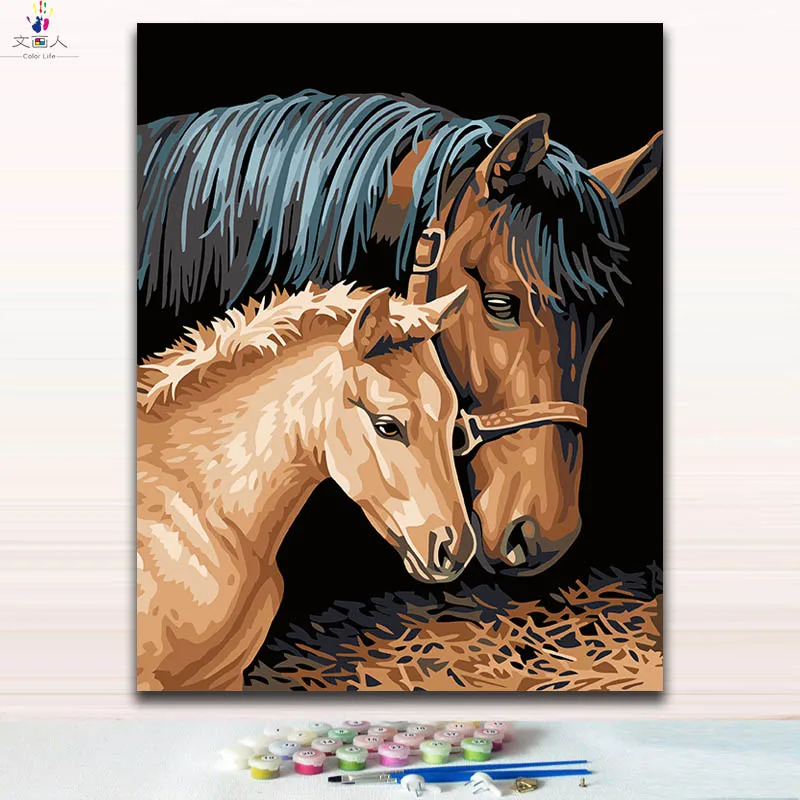 

Two horses pictures paintings drawing paints by numbers on canvas with kits package with a frame as special gift to send father