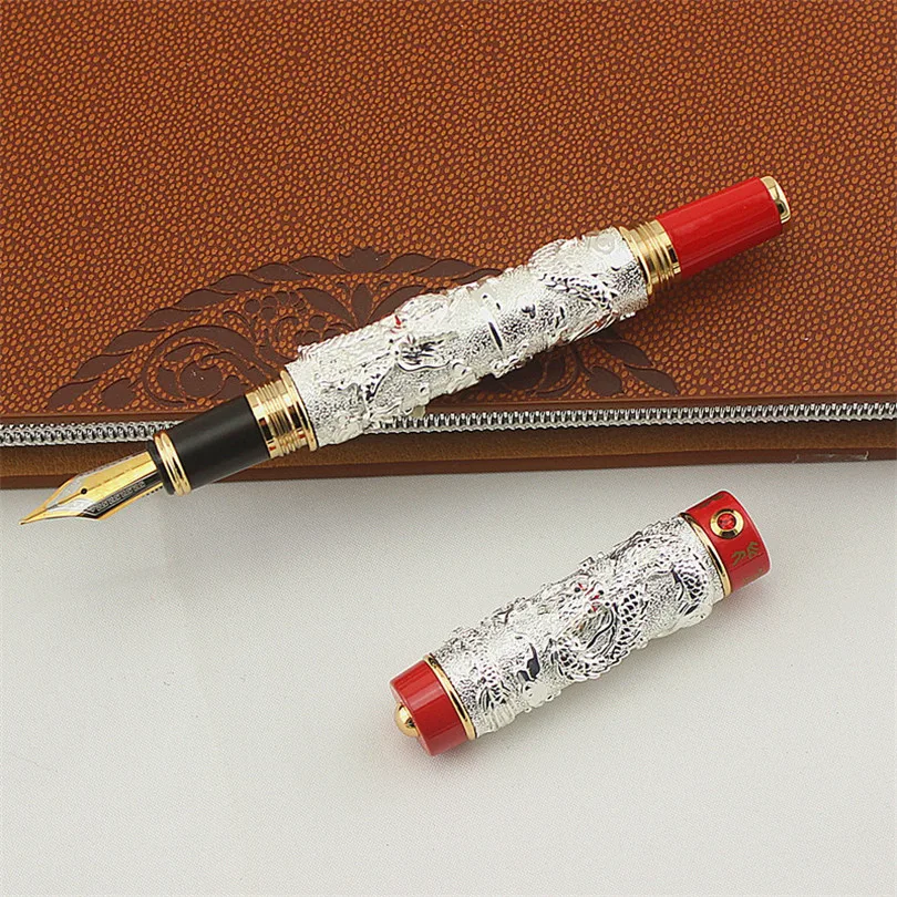 НОВЫЙ JINHAO серый и красный Перьевая ручка Перо с широким основанием два дракона