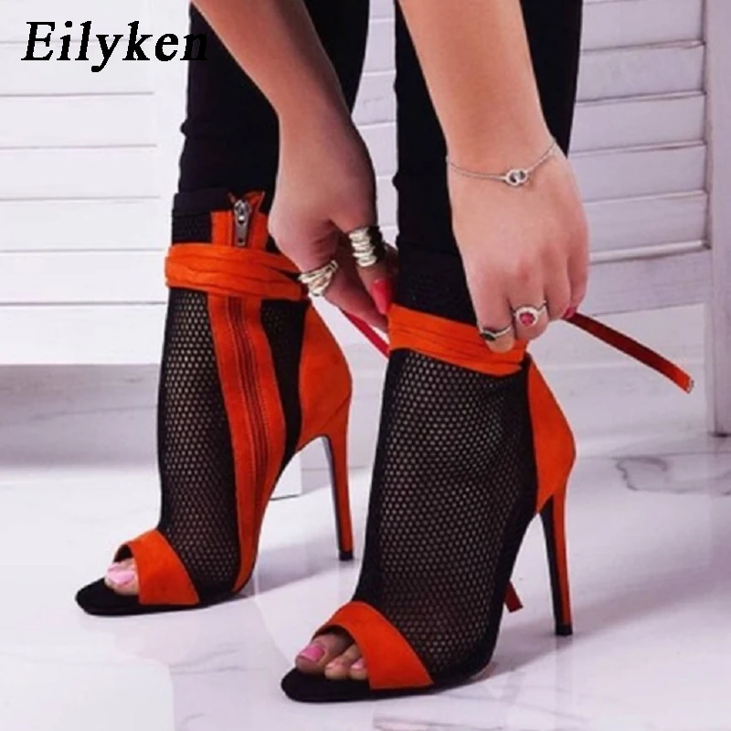 

Eilyken New 2019 Chelsea Mesh Women Thin Heels 11.5CM Shoes Fashion Ladies Ankle Peep Toe Lace-Up Boots Sandals Black Red