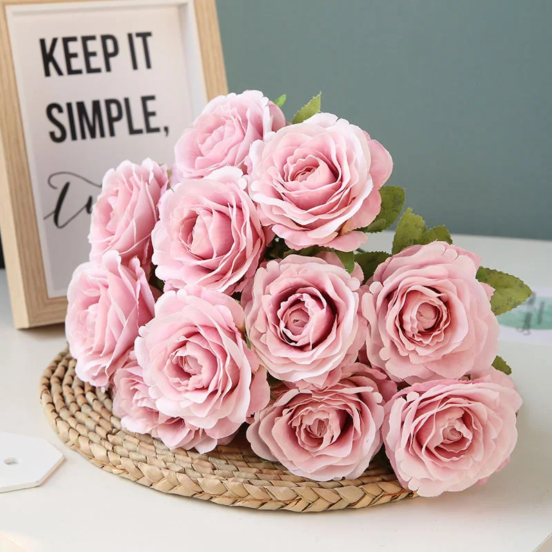 Flone Artificial Silk Rose Flower Bouquet Fake Flowers 12 Head Small Fresh Wedding Rose Decoration Home Decoration Accessories (8)