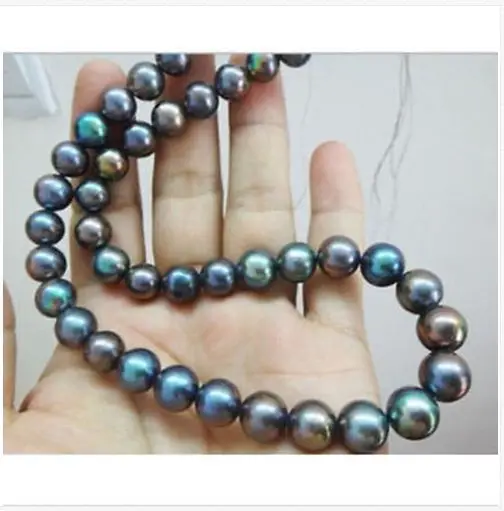 

stunning AAA10mm round peacock green red multicolor pearl necklace 22"14KGP
