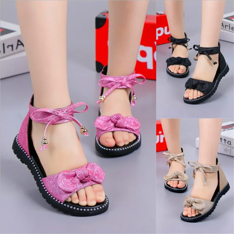 Kids Shoes Summer Kids Children Beach Fashion Sandals Bowknot Girls Flat Pricness Shoes Party Shoes For Big Girls Black Pink