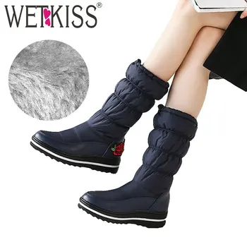 

WETKISS Mid Calf Snow Boots Women Platform Boot Winter Warm Embroider Down Cotton Footwear New 2018 Fashion Cleated Lady Shoes