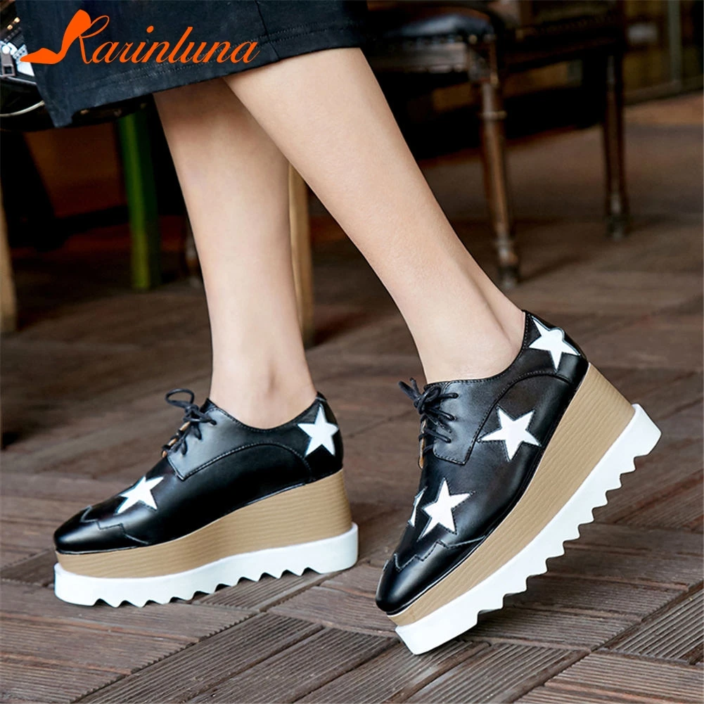 

KARINLUNA brand design big size 42 genuine leather stars women's flat platform shoes girls shoelaces leisure shoes woman flats